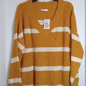 Sonoma Womens 3X Sweater V Neck Gold Cream Striped Long Sleeve Knit Pullover